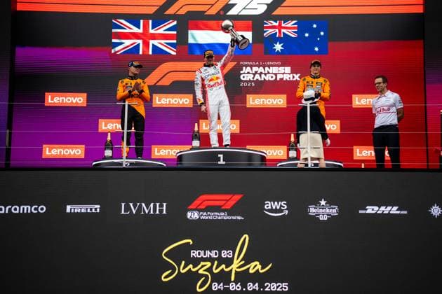 Max Verstappen wins the Formula 1 Lenovo Japanese Grand Prix 2025 - Suzuka Podium celebration with Max Verstappen (Ned) Of Oracle Red Bull Racing 1 Lando Norris (Gbr) Of Mclaren Racing 4 and Oscar Piastri (Aus) Of Mclaren Racing 81 during the Formula 1 Lenovo Japanese Grand Prix 2025 on Race Day at the Suzuka International Circuit, Suzuka, Japan on April 6, 2025. Photo by Antoine Lapeyre ABACAPRESS.COM Suzuka Japan  Copyright: xLapeyrexAntoine ABACAx