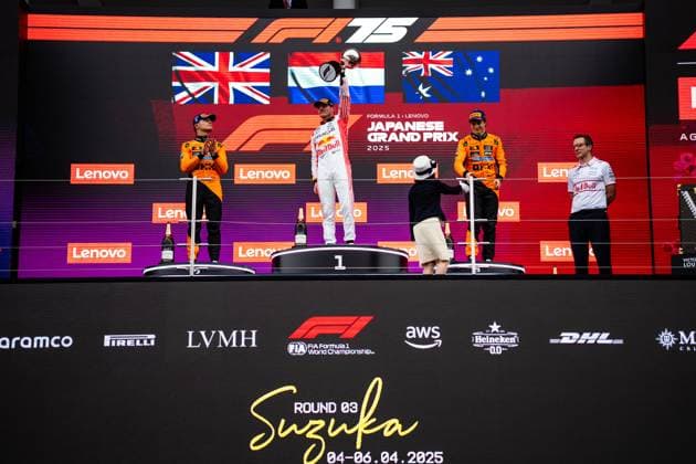 Max Verstappen wins the Formula 1 Lenovo Japanese Grand Prix 2025 - Suzuka Podium celebration with Max Verstappen (Ned) Of Oracle Red Bull Racing 1 Lando Norris (Gbr) Of Mclaren Racing 4 and Oscar Piastri (Aus) Of Mclaren Racing 81 during the Formula 1 Lenovo Japanese Grand Prix 2025 on Race Day at the Suzuka International Circuit, Suzuka, Japan on April 6, 2025. Photo by Antoine Lapeyre ABACAPRESS.COM Suzuka Japan  Copyright: xLapeyrexAntoine ABACAx