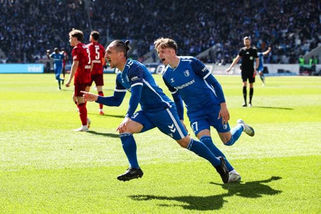 Goal celebration goal scorer Baris Atik 1 FC Magdeburg,23 scores to 1 0 2 Soccer Bundesliga season 2024 2025 1 FC Magdeburg vs 1 FC Kaiserslautern at the Avnet Arena in Magdeburg action,soccer,man,men,Germany,06 04 2025