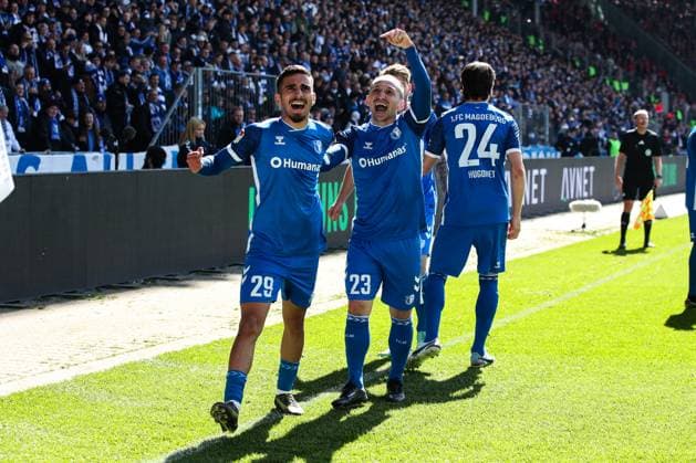 Goal celebration Goalscorer Baris Atik 1 FC Magdeburg,23 scores to 1 0 with Livan Burcu 1 FC Magdeburg,29 2 Soccer Bundesliga Season 2024 2025 1 FC Magdeburg vs 1 FC Kaiserslautern at the Avnet Arena in Magdeburg Action,Soccer,Man,Men,Germany,06 04 2025