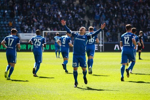 Goal celebration goal scorer Baris Atik 1 FC Magdeburg,23 scores to 1 0 2 Soccer Bundesliga season 2024 2025 1 FC Magdeburg vs 1 FC Kaiserslautern at the Avnet Arena in Magdeburg action,soccer,man,men,Germany,06 04 2025