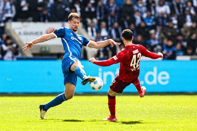 Alexander Ahl Holmström 1 FC Magdeburg,12 vs Grant Leon Ranos 1 FC Kaiserslautern,42 2 Soccer Bundesliga Season 2024 2025 1 FC Magdeburg vs 1 FC Kaiserslautern at the Avnet Arena in Magdeburg Action,Soccer,Man,Men,Germany,06 04 2025