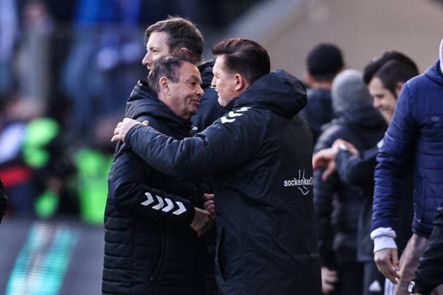 Coach Christian Titz with Managing Director Sport Otmar Schork 1 FC Magdeburg 2 Soccer Bundesliga Season 2024 2025 1 FC Magdeburg vs 1 FC Kaiserslautern at the Avnet Arena in Magdeburg Soccer,Man,Men,Germany,06 04 2025
