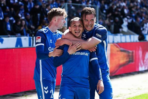 Goal celebration Goalscorer Baris Atik 1 FC Magdeburg,23 scores to 1 0 with Alexander Ahl Holmström 1 FC Magdeburg,12 and Philipp Hercher 1 FC Magdeburg,27 2 Soccer Bundesliga Season 2024 2025 1 FC Magdeburg vs 1 FC Kaiserslautern at the Avnet Arena in Magdeburg Action,Soccer,Man,Men,Germany,06 04 2025
