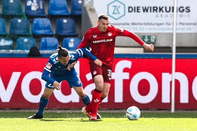Luca Sirch 1 FC Kaiserslautern,31 vs Baris Atik 1 FC Magdeburg,23 2 Soccer Bundesliga Season 2024 2025 1 FC Magdeburg vs 1 FC Kaiserslautern at the Avnet Arena in Magdeburg Action,Soccer,Man,Men,Germany,06 04 2025
