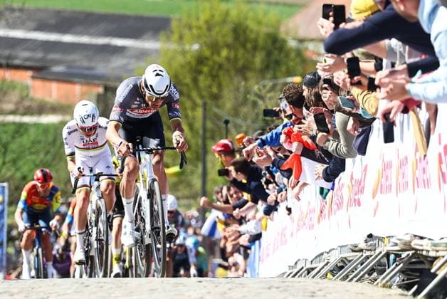 Dutch Mathieu van der Poel of Alpecin-Deceuninck and Slovenian Tadej Pogacar of UAE Team Emirates pictured at the Paterberg during the men s race of the Ronde van Vlaanderen Tour des Flandres Tour of Flanders one day cycling race, 268,9km from Brugge to Oudenaarde, Sunday 06 April 2025. DAVIDxPINTENS  x119621722x