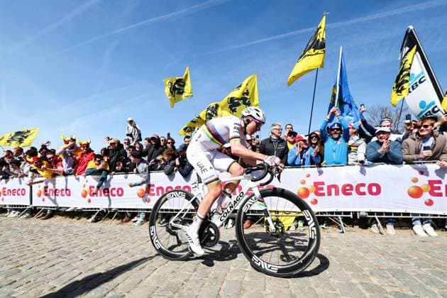 Slovenian Tadej Pogacar of UAE Team Emirates pictured at the Paterberg during the men s race of the Ronde van Vlaanderen Tour des Flandres Tour of Flanders one day cycling race, 268,9km from Brugge to Oudenaarde, Sunday 06 April 2025. DAVIDxPINTENS  x119623365x