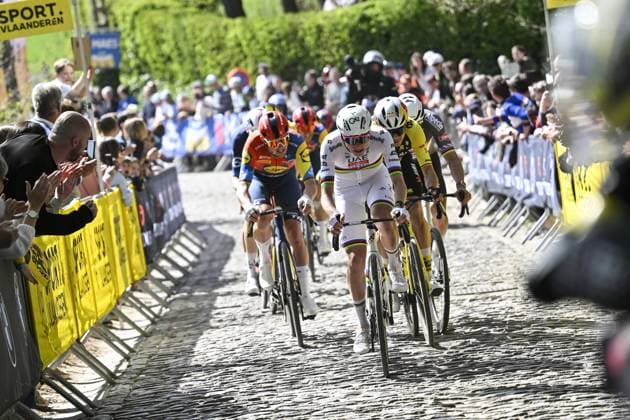 Slovenian Tadej Pogacar of UAE Team Emirates pictured in action on Taaienberg during the men s race of the Ronde van Vlaanderen Tour des Flandres Tour of Flanders one day cycling race, 268,9km from Brugge to Oudenaarde, Sunday 06 April 2025. POOLxJANxDExMEULENEIR  x119624673x