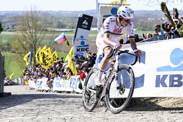 Slovenian Tadej Pogacar of UAE Team Emirates pictured in action on Paterberg during the men s race of the Ronde van Vlaanderen Tour des Flandres Tour of Flanders one day cycling race, 268,9km from Brugge to Oudenaarde, Sunday 06 April 2025. DIRKxWAEM  x119628442x