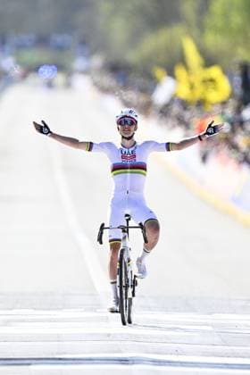 Slovenian Tadej Pogacar of UAE Team Emirates wins the men s race of the Ronde van Vlaanderen Tour des Flandres Tour of Flanders one day cycling race, 268,9km from Brugge to Oudenaarde, Sunday 06 April 2025. ERICxLALMAND  x119630851x