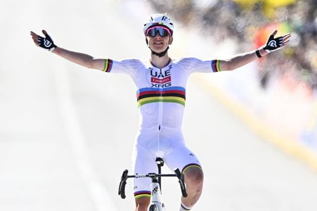 Slovenian Tadej Pogacar of UAE Team Emirates wins the men s race of the Ronde van Vlaanderen Tour des Flandres Tour of Flanders one day cycling race, 268,9km from Brugge to Oudenaarde, Sunday 06 April 2025. ERICxLALMAND  x119631287x