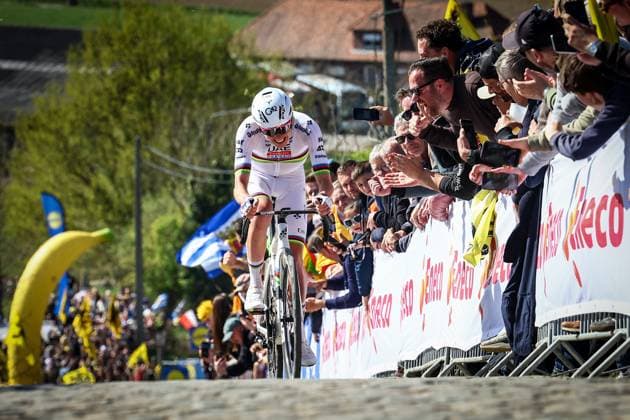 Slovenian Tadej Pogacar of UAE Team Emirates pictured at the Paterberg during the men s race of the Ronde van Vlaanderen Tour des Flandres Tour of Flanders one day cycling race, 268,9km from Brugge to Oudenaarde, Sunday 06 April 2025. DAVIDxPINTENS  x119632772x