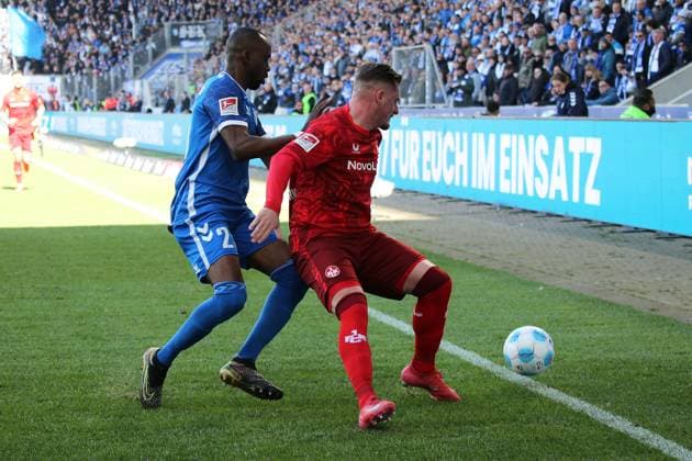 06 04 2025, xmohx, Fußball 2 Bundesliga, 1 FC Magdeburg 1 FC Kaiserslautern v l Silas Gnaka 1 FC Magdeburg Marlon Ritter 1 FC Kaiserslautern Zweikampf, Aktion, action, battle for the ball DFL DFB REGULATIONS PROHIBIT ANY USE OF PHOTOGRAPHS as IMAGE SEQUENCES and or QUASI VIDEO Magdeburg