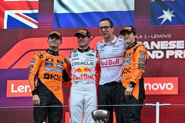 F1 Grand Prix Of Japan Red Bull Racing driver Max Verstappen and McLaren drivers Lando Norris and Oscar Piastri celebrate on the podium during the F1 Grand Prix of Japan in Suzuka, Japan, on April 6. Suzuka Japan  Copyright: xYusukexHaradax originalFilename:harada-notitle250406_npDY2.jpg