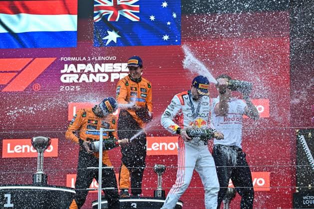 F1 Grand Prix Of Japan Red Bull Racing driver Max Verstappen and McLaren drivers Lando Norris and Oscar Piastri celebrate on the podium during the F1 Grand Prix of Japan in Suzuka, Japan, on April 6. Suzuka Japan  Copyright: xYusukexHaradax originalFilename:harada-notitle250406_npiZn.jpg