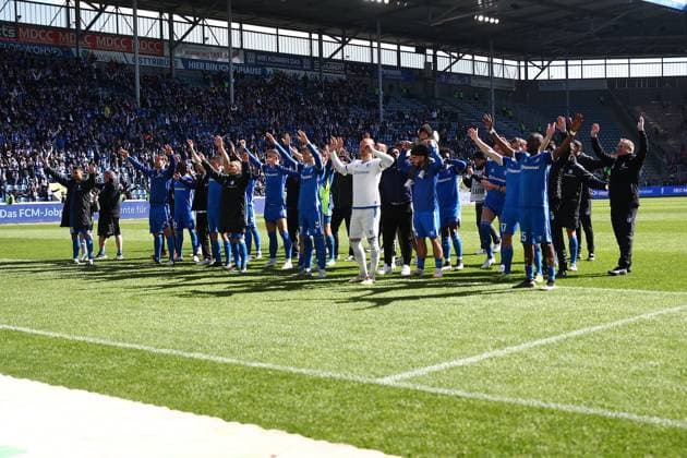 06 04 2025, xmohx, Soccer 2 Bundesliga, 1 FC Magdeburg 1 FC Kaiserslautern v l jubilation, joy about the victory at Magdeburg DFL DFB REGULATIONS PROHIBIT ANY USE OF PHOTOGRAPHS as IMAGE SEQUENCES and or QUASI VIDEO Magdeburg