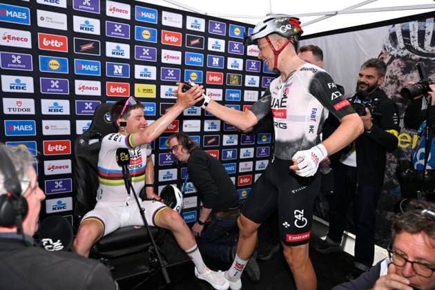 Ronde van Vlaanderen 2025 - Men Elite OUDENAARDE, BELGIUM - APRIL 06 : Pogacar Tadej (SLO) of UAE Team Emirates - XRG and Vermeersch Florian (BEL) of UAE Team Emirates - XRG pictured during the 109th edition of the Ronde van Vlaanderen, an UCI World Tour cycling race for Men Elite with start in Bruges and finish in Oudenaarde after 268,9 km on April 6, 2025 in Oudenaarde, Belgium, 06 04 2025 ( Motor drive Guy De Vuyst - Oudenaarde Belgium  Copyright: xJanxDexMeuleneirx