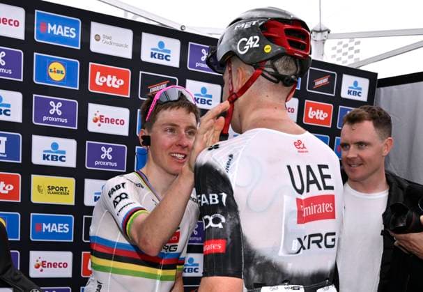 Ronde van Vlaanderen 2025 - Men Elite OUDENAARDE, BELGIUM - APRIL 06 : Pogacar Tadej (SLO) of UAE Team Emirates - XRG and Vermeersch Florian (BEL) of UAE Team Emirates pictured during the 109th edition of the Ronde van Vlaanderen, an UCI World Tour cycling race for Men Elite with start in Bruges and finish in Oudenaarde after 268,9 km on April 6, 2025 in Oudenaarde, Belgium, 06 04 2025 ( Motor drive Guy De Vuyst - Oudenaarde Belgium  Copyright: xJanxDexMeuleneirx