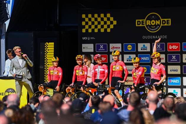 Ronde van Vlaanderen 2025 - Women Elite OUDENAARDE, BELGIUM - APRIL 06 : Team Uno-X Mobilty on stage before the start of the race pictured during the 22th edition of the Ronde van Vlaanderen for Women Elite, an UCI Women s World Tour cycling race organized by Flanders Classics with start and finish in Oudenaarde after 168,8 km on April 6, 2025 in Oudenaarde, Belgium, 06 04 2025 Oudenaarde Belgium  Copyright: xGregoryxVanxGansenx