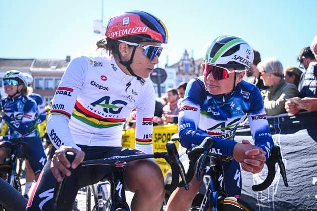 Ronde van Vlaanderen 2025 - Women Elite OUDENAARDE, BELGIUM - APRIL 06 : Ghekiere Justine of AG Insurance - Soudal Team and Le Court Pienaar Kimberley of AG Insurance - Soudal Team before the start of the race pictured during the 22th edition of the Ronde van Vlaanderen for Women Elite, an UCI Women s World Tour cycling race organized by Flanders Classics with start and finish in Oudenaarde after 168,8 km on April 6, 2025 in Oudenaarde, Belgium, 06 04 2025 Oudenaarde Belgium  Copyright: xGregoryxVanxGansenx