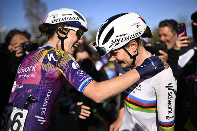 Dutch Mischa Bredewold of SD Worx-Protime and Belgian Lotte Kopecky of SD Worx-Protime celebrate after the women s race of the Ronde van Vlaanderen Tour des Flandres Tour of Flanders one day cycling race, 168,8k with start and finish in Oudenaarde, Sunday 06 April 2025. JASPERxJACOBS  x119651295x