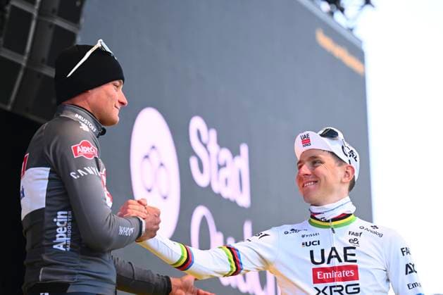 Ronde van Vlaanderen 2025 - Men Elite OUDENAARDE, BELGIUM - APRIL 06 : Pogacar Tadej (SLO) of UAE Team Emirates - XRG and Van Der Poel Mathieu (NED) of Alpecin-Deceuninck pictured during the podium ceremony of the 109th edition of the Ronde van Vlaanderen, an UCI World Tour cycling race for Men Elite with start in Bruges and finish in Oudenaarde after 268,9 km on April 6, 2025 in Oudenaarde, Belgium, 06 04 2025 ( Motor drive Guy De Vuyst - Oudenaarde Belgium  Copyright: xGregoryxVanxGansenx