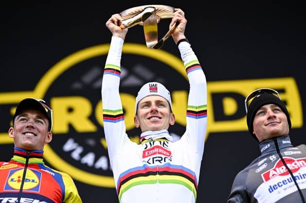 Slovenian Tadej Pogacar of UAE Team Emirates celebrates on the podium after winning the men s race of the Ronde van Vlaanderen Tour des Flandres Tour of Flanders one day cycling race, 268,9km from Brugge to Oudenaarde, Sunday 06 April 2025. JASPERxJACOBS  x119652382x