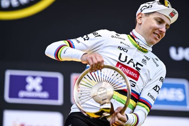Slovenian Tadej Pogacar of UAE Team Emirates celebrates on the podium after winning the men s race of the Ronde van Vlaanderen Tour des Flandres Tour of Flanders one day cycling race, 268,9km from Brugge to Oudenaarde, Sunday 06 April 2025. JASPERxJACOBS  x119652551x