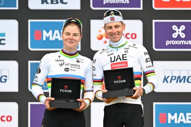 Ronde van Vlaanderen 2025 - Men Elite OUDENAARDE, BELGIUM - APRIL 06 : Kopecky Lotte (BEL) of Team SD Worx - Protime and Pogacar Tadej (SLO) of UAE Team Emirates - XRG pictured during the podium ceremony of the 109th edition of the Ronde van Vlaanderen, an UCI World Tour cycling race for Men Elite with start in Bruges and finish in Oudenaarde after 268,9 km on April 6, 2025 in Oudenaarde, Belgium, 06 04 2025 ( Motor drive Guy De Vuyst - Oudenaarde Belgium  Copyright: xJanxDexMeuleneirx