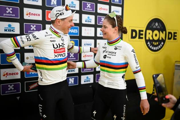 Ronde van Vlaanderen 2025 - Men Elite OUDENAARDE, BELGIUM - APRIL 06 : Kopecky Lotte (BEL) of Team SD Worx - Protime and Pogacar Tadej (SLO) of UAE Team Emirates - XRG pictured during the podium ceremony of the 109th edition of the Ronde van Vlaanderen, an UCI World Tour cycling race for Men Elite with start in Bruges and finish in Oudenaarde after 268,9 km on April 6, 2025 in Oudenaarde, Belgium, 06 04 2025 ( Motor drive Guy De Vuyst - Oudenaarde Belgium  Copyright: xJanxDexMeuleneirx