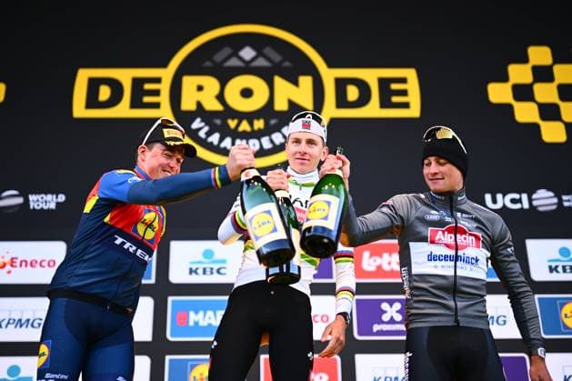 Ronde van Vlaanderen 2025 - Men Elite OUDENAARDE, BELGIUM - APRIL 06 : Pedersen Mads (DEN) of Lidl - Trek, Pogacar Tadej (SLO) of UAE Team Emirates - XRG, Van Der Poel Mathieu (NED) of Alpecin - Deceuninck celebrate on the podium after the 109th edition of the Ronde van Vlaanderen, an UCI World Tour cycling race for Men Elite with start in Bruges and finish in Oudenaarde after 268,9 km on April 6, 2025 in Oudenaarde, Belgium, 06 04 2025 ( Motor drive Guy De Vuyst - Oudenaarde Belgium  Copyright: xGregoryxVanxGansenx