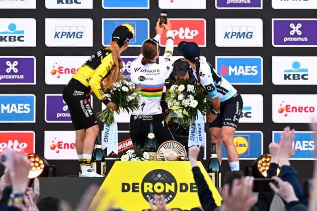 Ronde van Vlaanderen 2025 - Women Elite OUDENAARDE, BELGIUM - APRIL 06 : Ferrand-Prevot Pauline (FRA) FRA of Team Visma Lease a Bike, Kopecky Lotte (BEL) of Team SD Worx - Protime and Lippert Liane (GER) of Movistar Team pictured during the podium ceremony of the 22th edition of the Ronde van Vlaanderen for Women Elite, an UCI Women s World Tour cycling race organized by Flanders Classics with start and finish in Oudenaarde after 168,8 km on April 6, 2025 in Oudenaarde, Belgium, 06 04 2025 Oudenaarde Belgium  Copyright: xJanxDexMeuleneirx