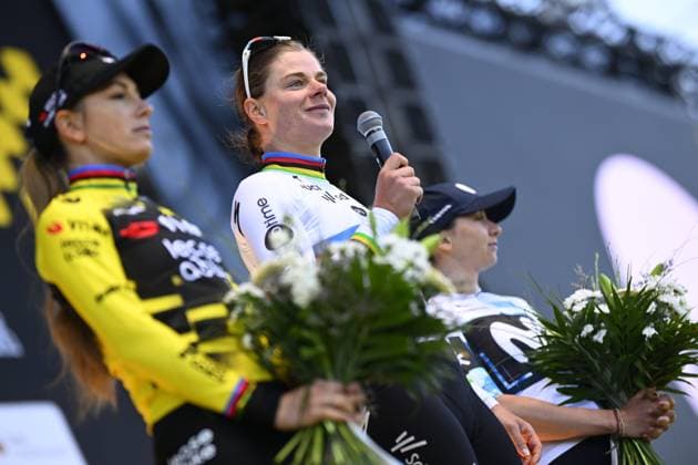 French Pauline Ferrand Prevot of Team Visma-Lease a Bike, Belgian Lotte Kopecky of SD Worx-Protime and German Liane Lippert of Movistar Team celebrate on the podium of the women s race of the Ronde van Vlaanderen Tour des Flandres Tour of Flanders one day cycling race, 168,8k with start and finish in Oudenaarde, Sunday 06 April 2025. JASPERxJACOBS  x119656025x