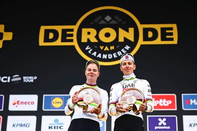 Ronde van Vlaanderen 2025 - Men Elite OUDENAARDE, BELGIUM - APRIL 06 : Kopecky Lotte (BEL) of Team SD Worx - Protime and Pogacar Tadej (SLO) of UAE Team Emirates - XRG celebrate on the podium after the 109th edition of the Ronde van Vlaanderen, an UCI World Tour cycling race for Men Elite with start in Bruges and finish in Oudenaarde after 268,9 km on April 6, 2025 in Oudenaarde, Belgium, 06 04 2025 ( Motor drive Guy De Vuyst - Oudenaarde Belgium  Copyright: xGregoryxVanxGansenx