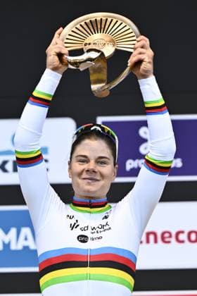 Belgian Lotte Kopecky of SD Worx-Protime celebrates on the podium after winning the women s race of the Ronde van Vlaanderen Tour des Flandres Tour of Flanders one day cycling race, 168,8k with start and finish in Oudenaarde, Sunday 06 April 2025. ERICxLALMAND  x119656705x