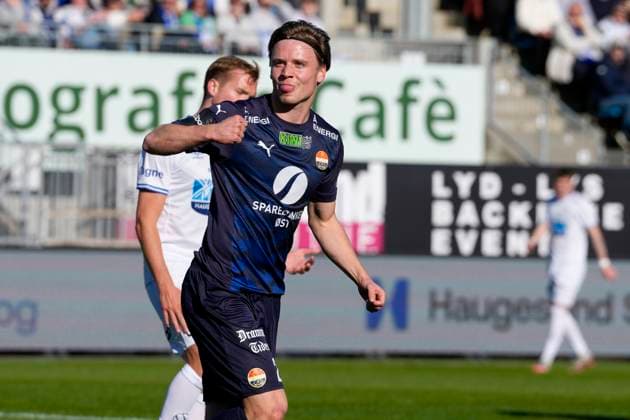 Eliteserien i fotball 2025 FK Haugesund Stromsgodset Haugesund 20250406 Stromsgodsets Jonas Therkelsen celebrates his 0-1 goal during the Elite League football match between FK Haugesund and Stromsgodset at Haugesund Sparebank Arena Photo Jan Kare Ness NTB Haugesund Norway EDITORIAL USE ONLY RESTRICTED USE FOR BETTING COMPANIES  Copyright: xJanxKarexNessx xNTBx