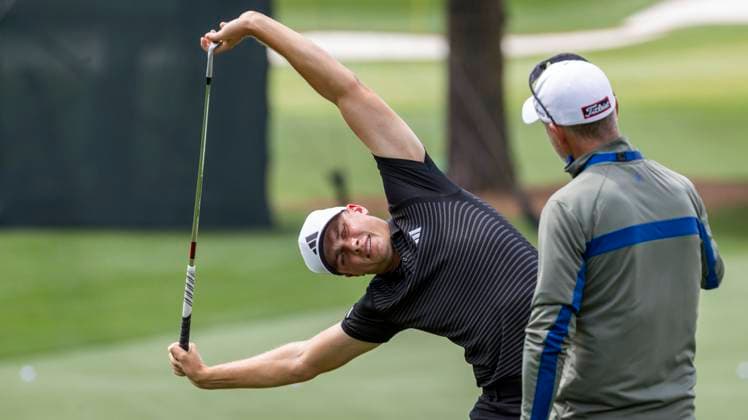 AUGUSTA 20250406 Ludvig Aberg on the driving range with his coach Hans Larsson during practice for the US Masters at Augusta National Golf Club Photo Christer Höglund TT code 1019 AUGUSTA USA xx  Copyright: xChristerxHöglund TTx US MASTERS GOLF
