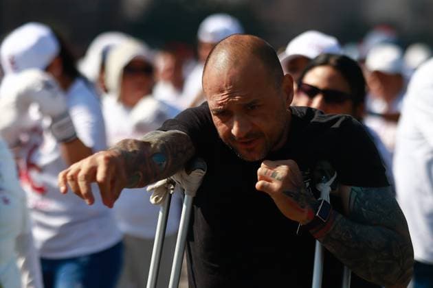 April 6, 2025, Mexico City, Ciudad de Mexico, Mexico: A man takes part during the National Boxing Class at main square Zocalo. on April 6, 2025 in Mexico City, Mexico. Mexico City Mexico - ZUMAe321 20250406_zsa_e321_041 Copyright: xCarlosxSantiagox
