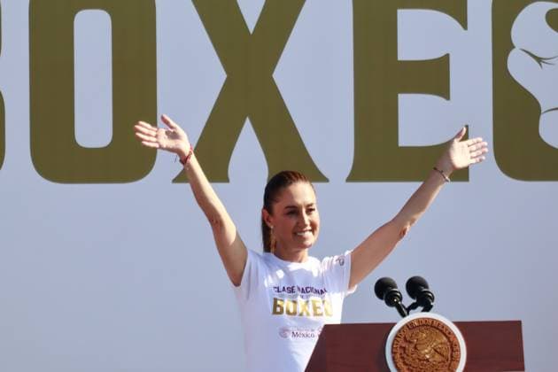 April 6, 2025, Mexico City, Ciudad de Mexico, Mexico: MexicoÃ¢â‚¬â ¢s President, Claudia Sheinbaum Pardo, speaks the National Boxing Class at main square Zocalo. on April 6, 2025 in Mexico City, Mexico. Mexico City Mexico - ZUMAe321 20250406_zsa_e321_050 Copyright: xCarlosxSantiagox
