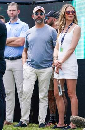 April 6, 2025, Doral, Florida, USA: (L-R) Eric Trump, Donald Trump Jr. and girlfriend Bettina Anderson stand on the first tee before the final round of LIV Golf Miami at Trump National Doral. Doral USA - ZUMAw109 20250406_fap_w109_008 Copyright: xDebbyxWongx