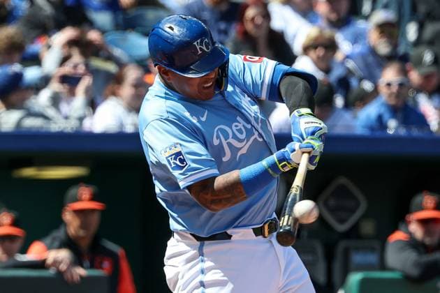 MLB, Baseball Herren, USA 2025: Orioles Vs Royals APR 06 April 6, 2025: Kansas City Royals first baseman Salvador Perez (13) hits a double against the Baltimore Orioles during the fifth inning of an MLB baseball game at Kauffman Stadium in Kansas City, MO. David Smith CSM (Credit Image: Â David Smith Cal Media) Kansas City Mo United States of America EDITORIAL USE ONLY Copyright: xx ZUMA-20250406_zma_c04_049.jpg DavidxSmithx csmphotothree373609