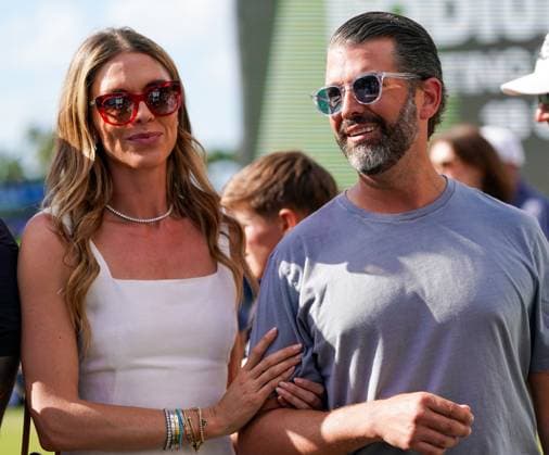 April 6, 2025, Doral, Florida, USA: Bettina Anderson (L) and Donald Trump Jr on the 18th green after the final round of LIV Golf Miami at Trump National Doral. Doral USA - ZUMAw109 20250406_fap_w109_033 Copyright: xDebbyxWongx