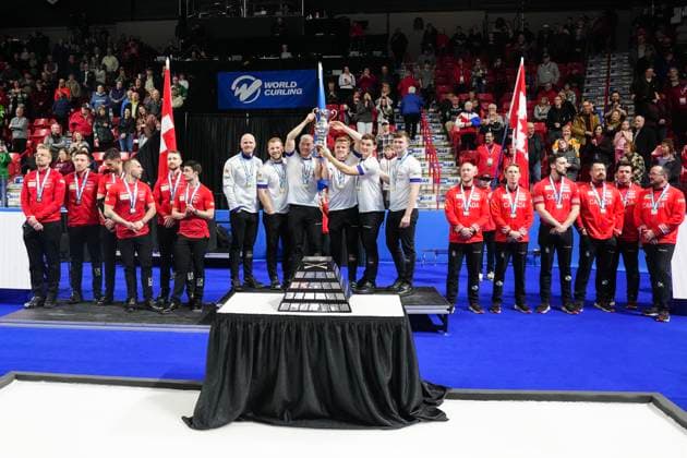 April 6, 2025, Moose Jaw, Sask, CAN: The Scotland team lift the trophy as they stand alongside silver medalists Switzerland and Bronze medalists Canada after beating Switzerland 5-4 in the Gold medal game at the World Men s Curling Championship in Moose Jaw, Sask on Sunday April 6, 2025. Canada News - April 6, 2025  - ZUMAc35_ 20250406_zaf_c35_076 Copyright: xChrisxYoungx