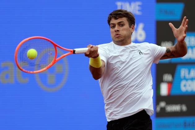 (250407) -- BUCHAREST, April 7, 2025 -- Flavio Cobolli of Italy returns the ball to Sebastian Baez of Argentina during the final match of ATP, Tennis Herren 250 Tiriac Open tennis tournament in Bucharest, Romania, April 6, 2025. (Photo by Xinhua) (SP)ROMANIA-BUCHAREST-TENNIS-ATP 250-TIRIAC OPEN-FINAL CristianxCristel 