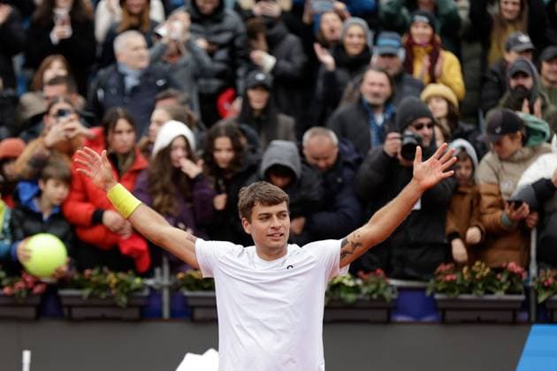 (250407) -- BUCHAREST, April 7, 2025 -- Flavio Cobolli of Italy celebrates after defeating Sebastian Baez of Argentina in the final match of ATP, Tennis Herren 250 Tiriac Open tennis tournament in Bucharest, Romania, April 6, 2025. (Photo by Xinhua) (SP)ROMANIA-BUCHAREST-TENNIS-ATP 250-TIRIAC OPEN-FINAL CristianxCristel 