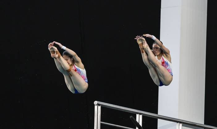 (250407) -- GUADALAJARA, April 7, 2025 -- Zhang Minjie (L) Lu Wei of China compete during the women s synchronized 10m platform final at the World Aquatics Diving World Cup 2025 in Guadalajara, Jalisco, Mexico, on April 6, 2025. (Photo by Xinhua) (SP)MEXICO-JALISCO-GUADALAJARA-DIVING-WORLD CUP-WOMEN S SYNCHRONIZED 10M PLATFORM-FINAL DianaxMarquez 