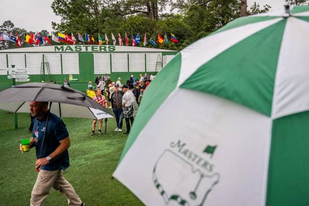 250407 A patron with an umbrella walks past the scoreboard during practice prior to the 2025 Masters Golf Tournament on April 7, 2025 in Augusta Photo Petter Arvidson BILDBYRAN kod PA PA1004 golf masters bbeng the masters augusta publik regn  Copyright: PETTERxARVIDSON BB250407PA001