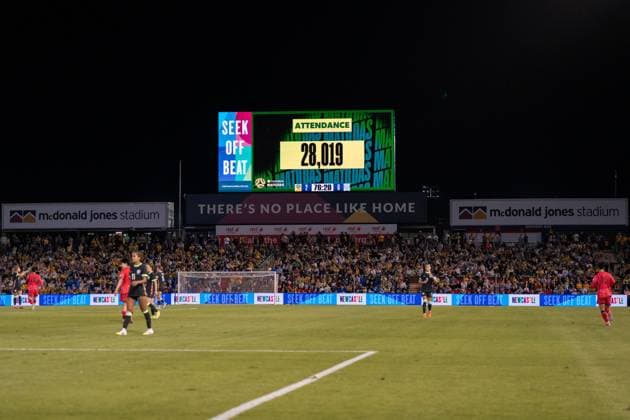 Newcastle, Australia, April 7th 2025: A view of the scoreboard showing a record attendance during the International Friendly, Länderspiel, Nationalmannschaft game between Australia and Korea Republic at McDonald Jones Stadium in Newcastle, Australia. (Noe Llamas SPP) Copyright: xNoexLlamasx xSPPx spp-en-NoLlSp-NLB05569