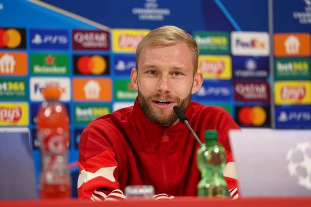 Konrad Laimer FC Bayern Muenchen, 27 at the press conference, GER, International Press Conference, FC Bayern Muenchen, Football, UEFA Champions League, quarter-final first leg, 2024 2025 season, 07 04 2025, GER, International Press Conference, FC Bayern Muenchen, Football, UEFA Champions League, quarter-final first leg, 2024 2025 season, 07 04 2025 Muenchen Copyright: xEibner-Pressefoto JennixMaulx EP_JML