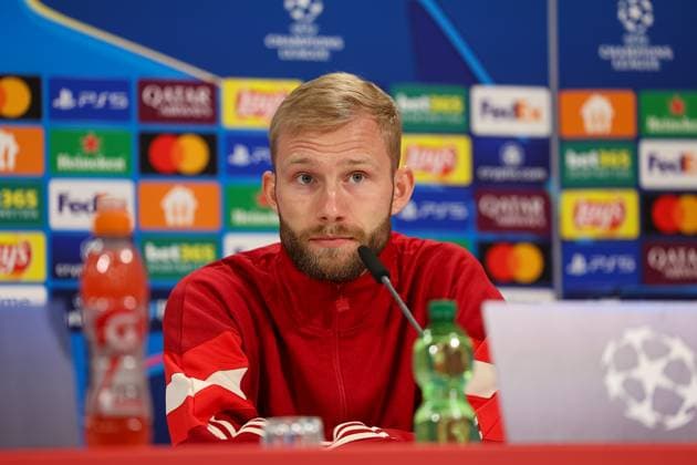 Konrad Laimer FC Bayern Muenchen, 27 at the press conference, GER, International Press Conference, FC Bayern Muenchen, Football, UEFA Champions League, quarter-final first leg, 2024 2025 season, 07 04 2025, GER, International Press Conference, FC Bayern Muenchen, Football, UEFA Champions League, quarter-final first leg, 2024 2025 season, 07 04 2025 Muenchen Copyright: xEibner-Pressefoto JennixMaulx EP_JML